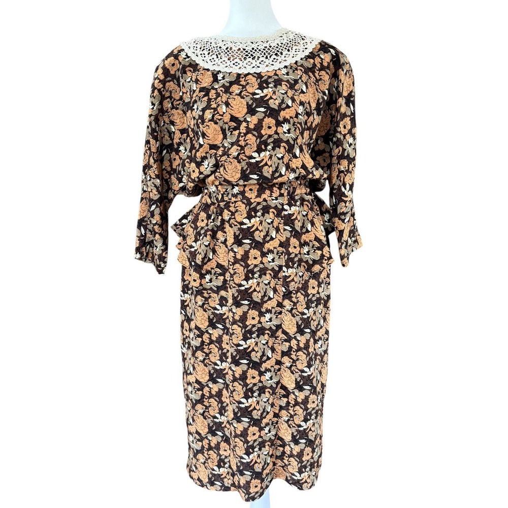 Vintage 70s Cinnamon Stick Peplum Waist Dress Women's 12 Lace Collar Prairie USA